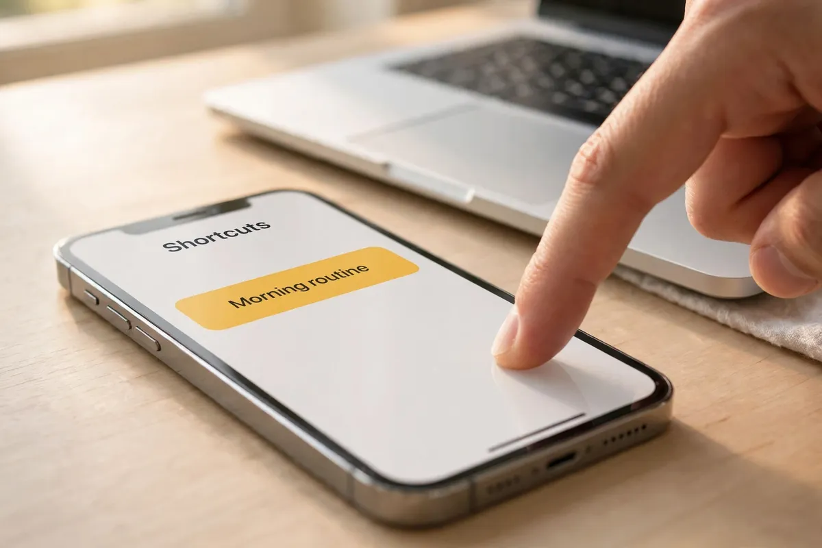 Close-up of a hand tapping a smartphone showing a Shortcuts app with a Morning routine button, on a clean desk beside a laptop.