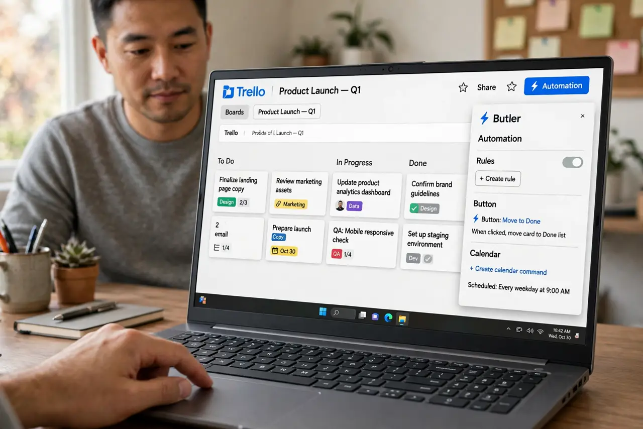 Photoreal photo of a person performing the first step: Open Butler on your board. Click the Automation button (lightning bolt) at the top of the board