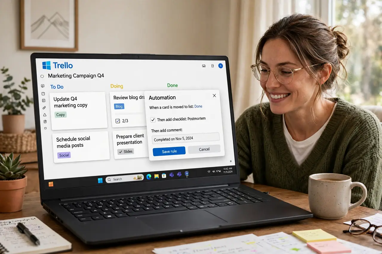 Photoreal photo: a person at a desk with a real laptop showing a Trello board with legible cards and an automation rule dialog open, the person's face pleased, home office. No black screen, no blank white screen, no fake or garbled sc