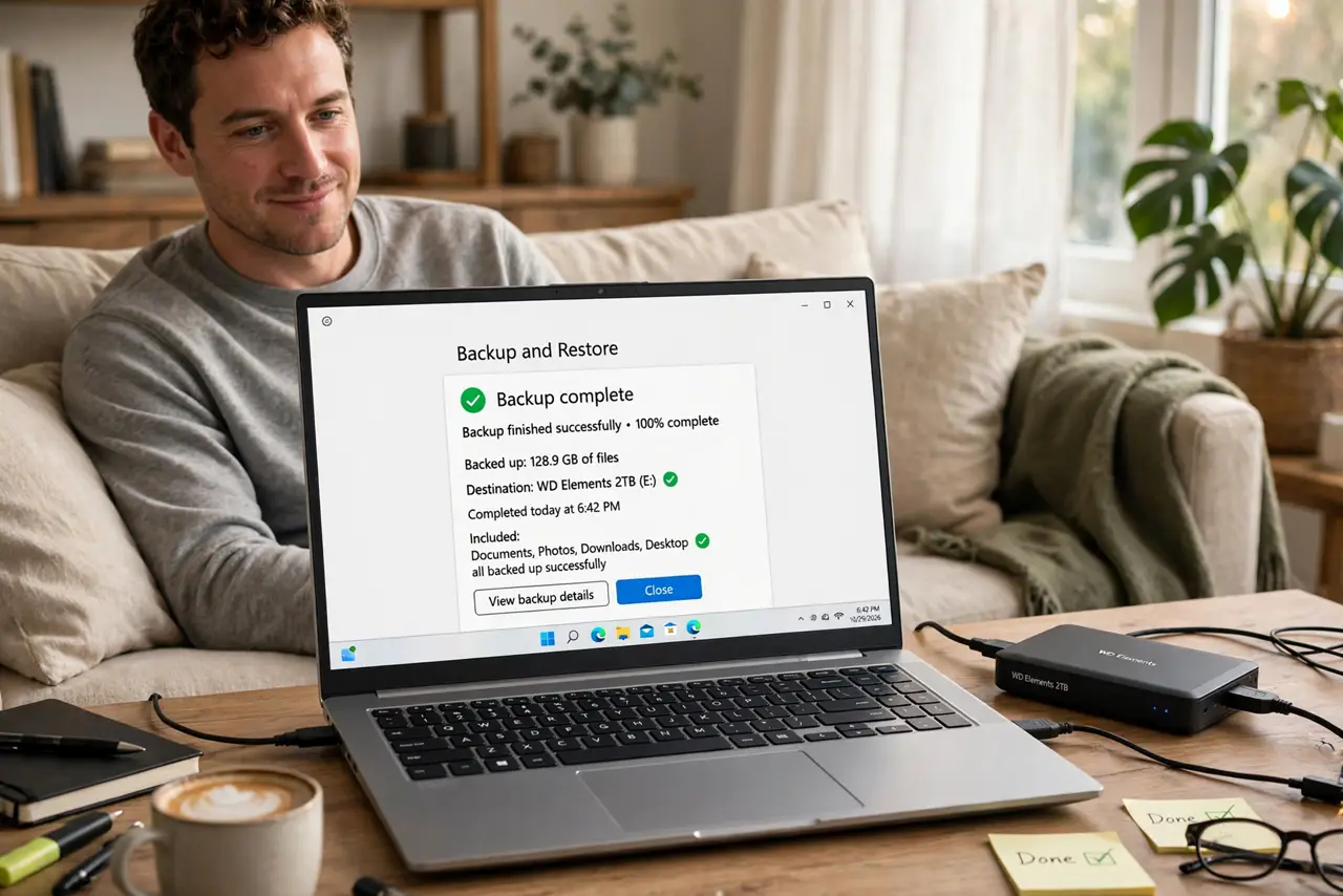 A person relaxing on a couch while a real laptop on the desk shows a legible backup progress screen completing automatically, an external drive connected, the person's face.