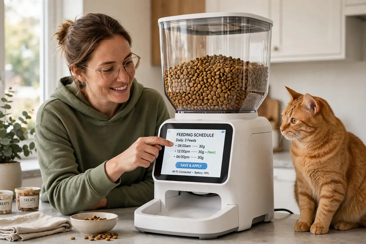 a person programming a real automatic pet feeder with a real cat watching nearby, kibble visible in the transparent hopper, the person's face pleased, kitchen.
