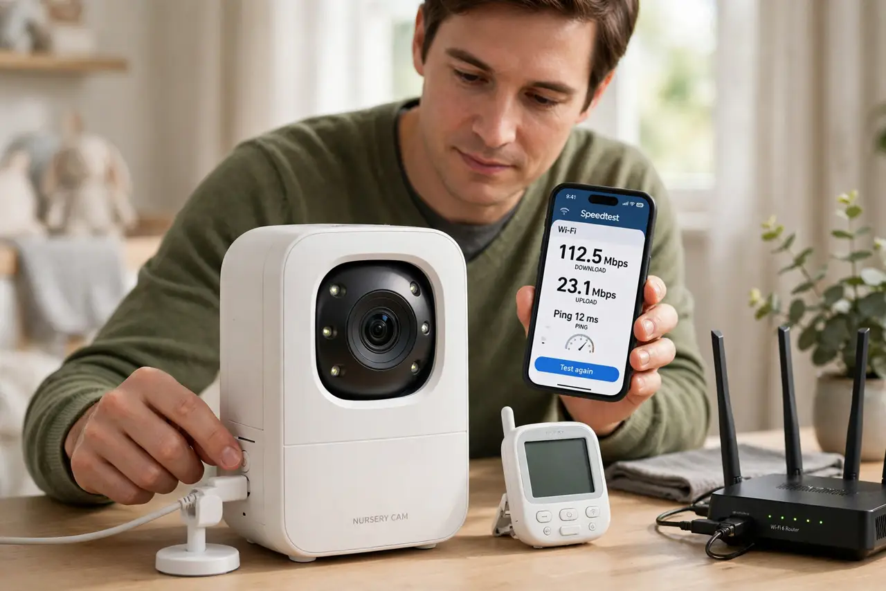 Step 1 in action for Baby Monitor Interferes With Wi-Fi: Confirm the monitor is the culprit.