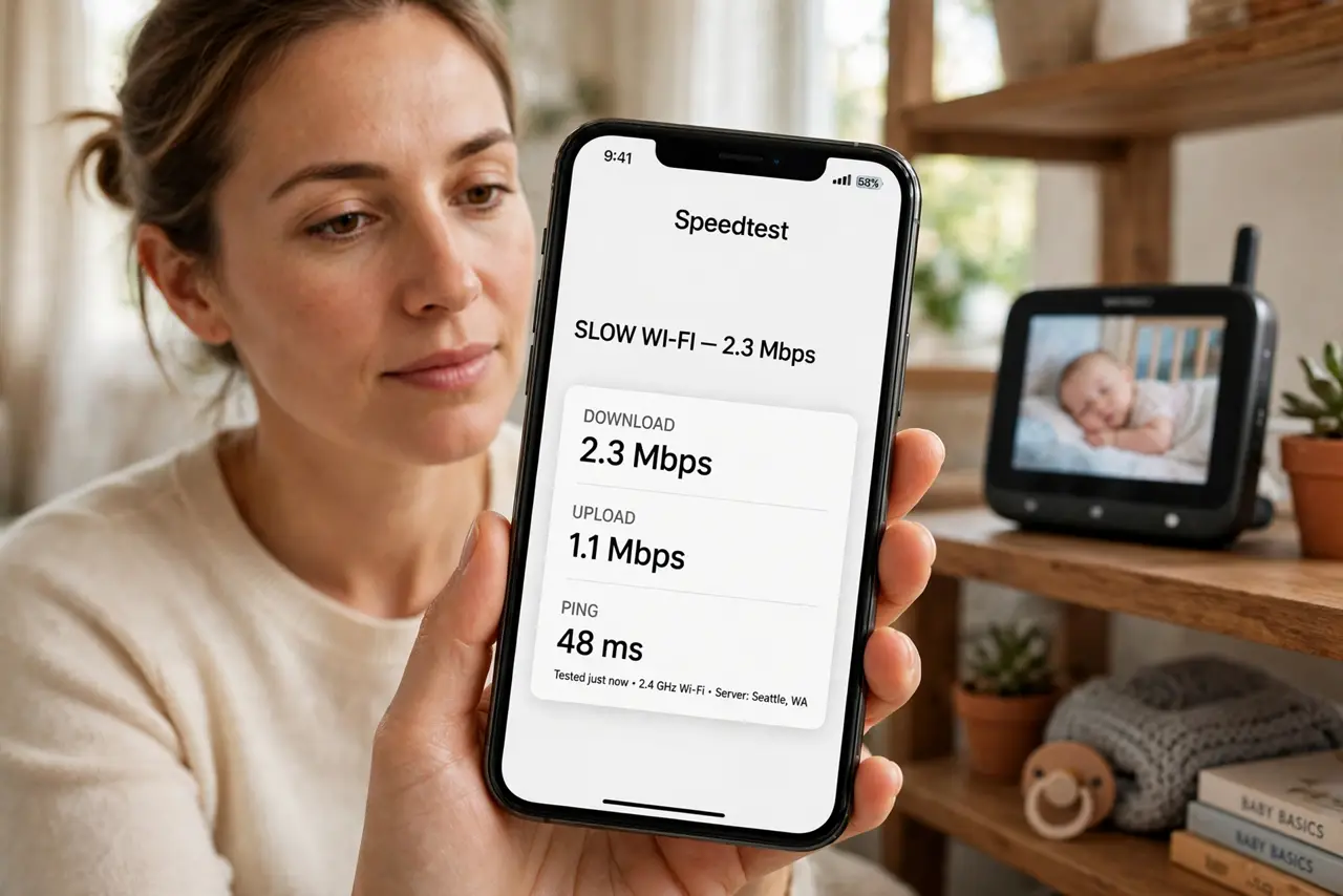 Baby Monitor Interferes With Wi-Fi — a calm parent holding a real phone showing slow Wi-Fi speed with fully legible numbers, a real video baby moni