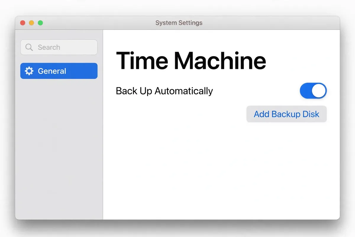 Recreation of macOS System Settings showing Time Machine, with Back Up Automatically switched on and an Add Backup Disk button.