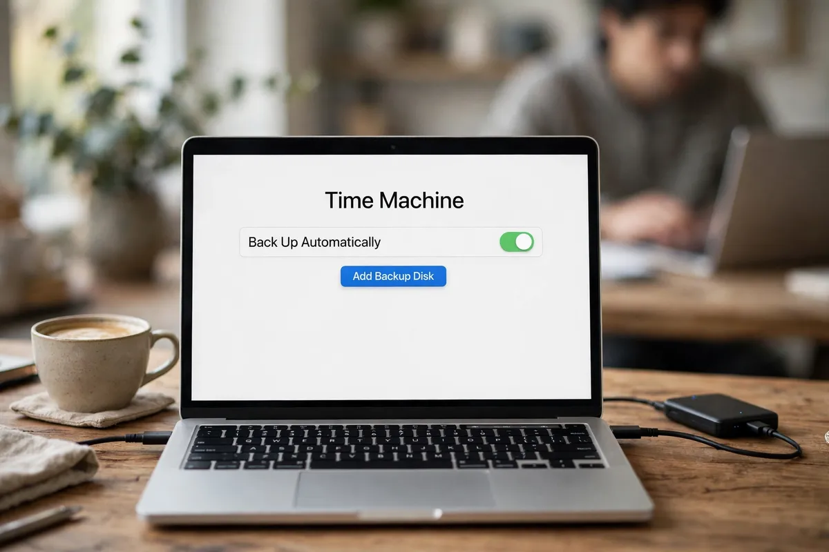 A MacBook on a wooden desk connected by cable to a small black external hard drive, its screen showing macOS Time Machine with Back Up Automatically switched on and an Add Backup Disk button, with a person working in the background.