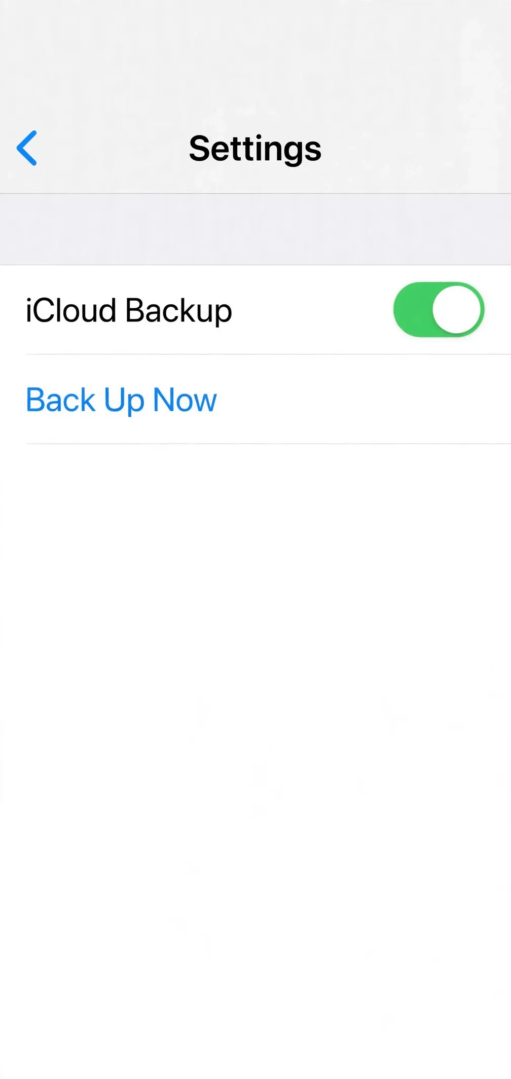 Example recreation of an iPhone Settings screen showing iCloud Backup switched on, with Back Up Now below it.