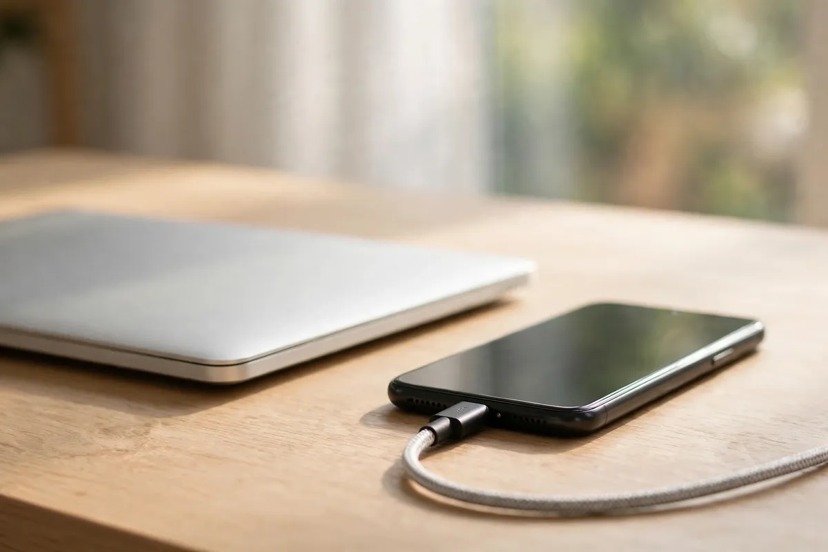 A smartphone plugged into a charging cable on a wooden desk next to a closed laptop in bright daylight.