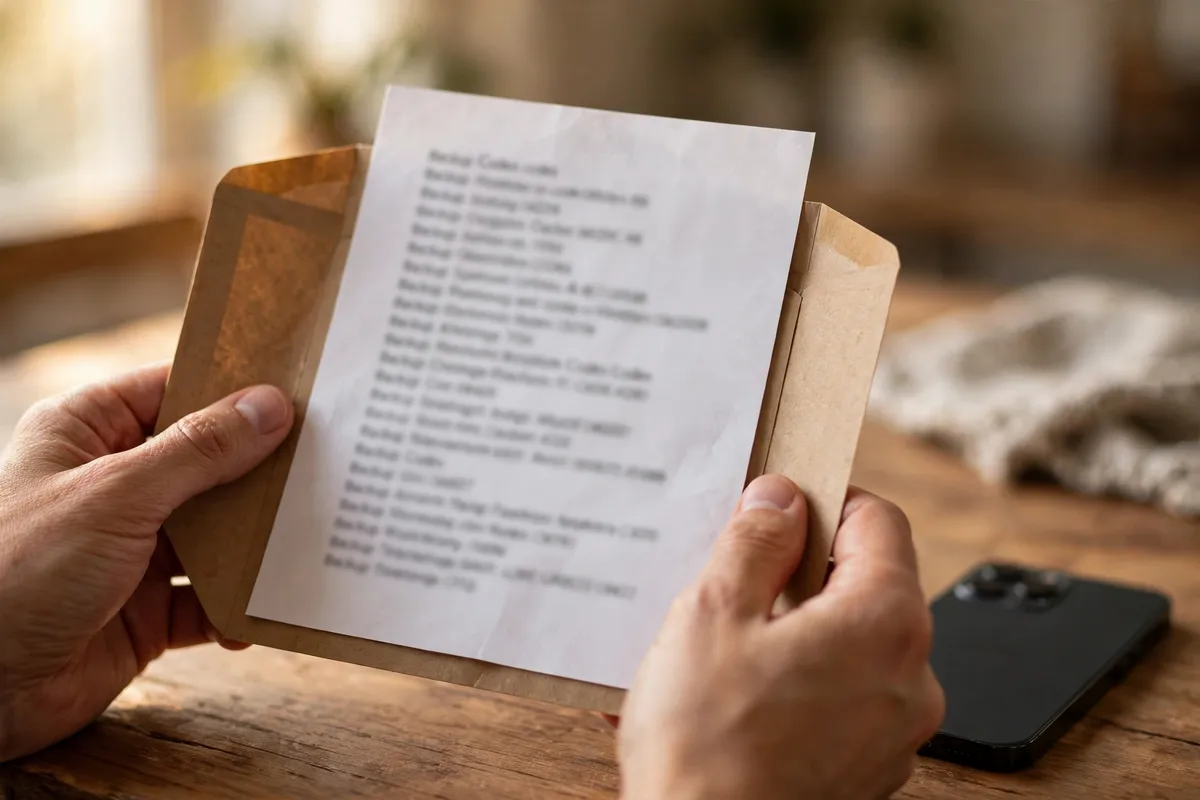 Hands holding an envelope with a printed list of backup codes, with a phone face down on a wooden desk.