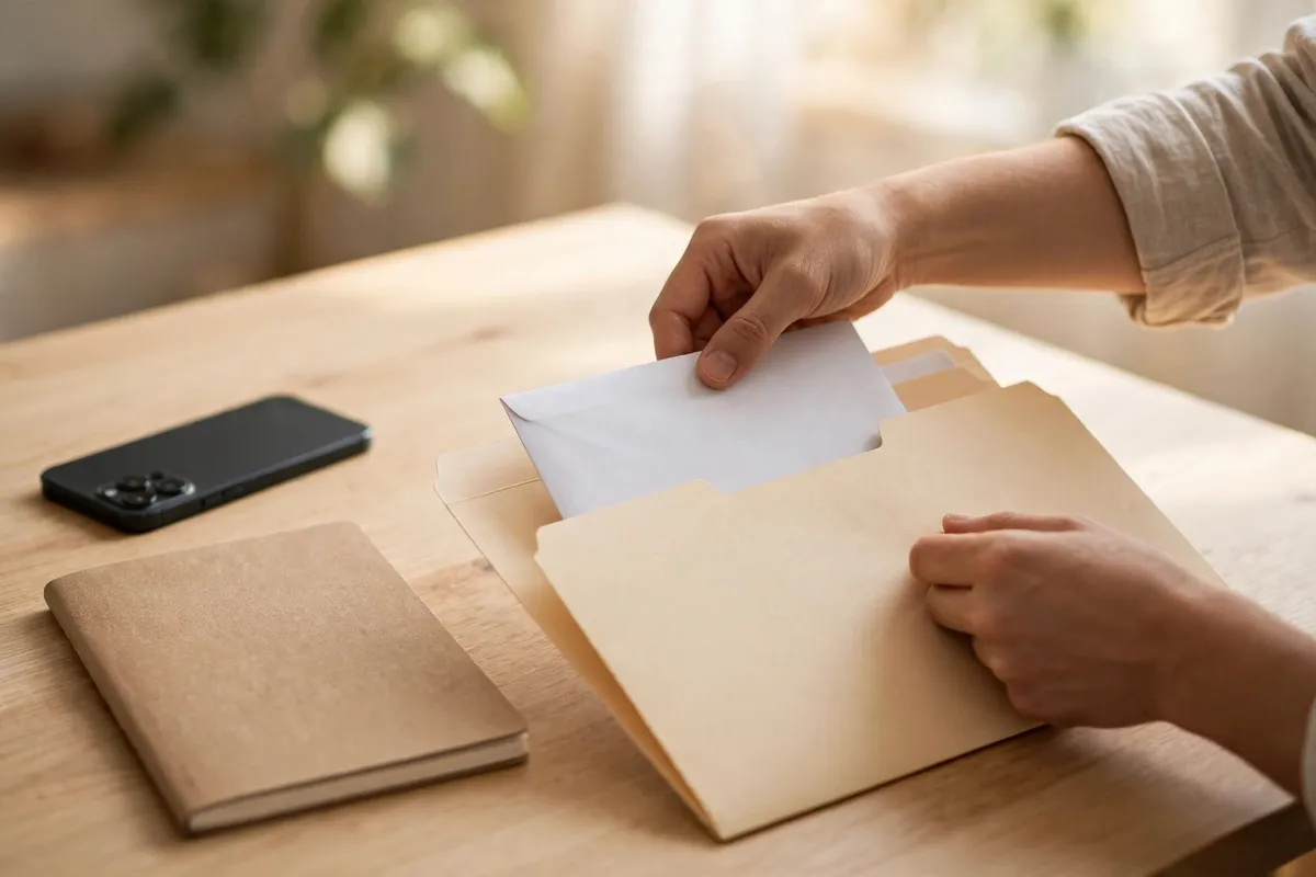 Hands placing a white envelope of printed backup codes into a tan folder on a wooden desk, with a phone and notebook nearby.