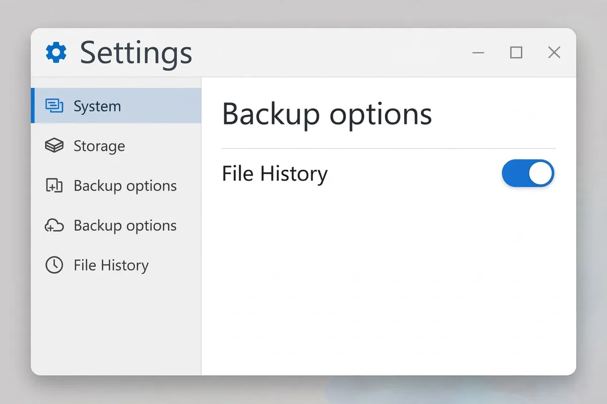 Windows Settings open on Backup options, with File History switched on.