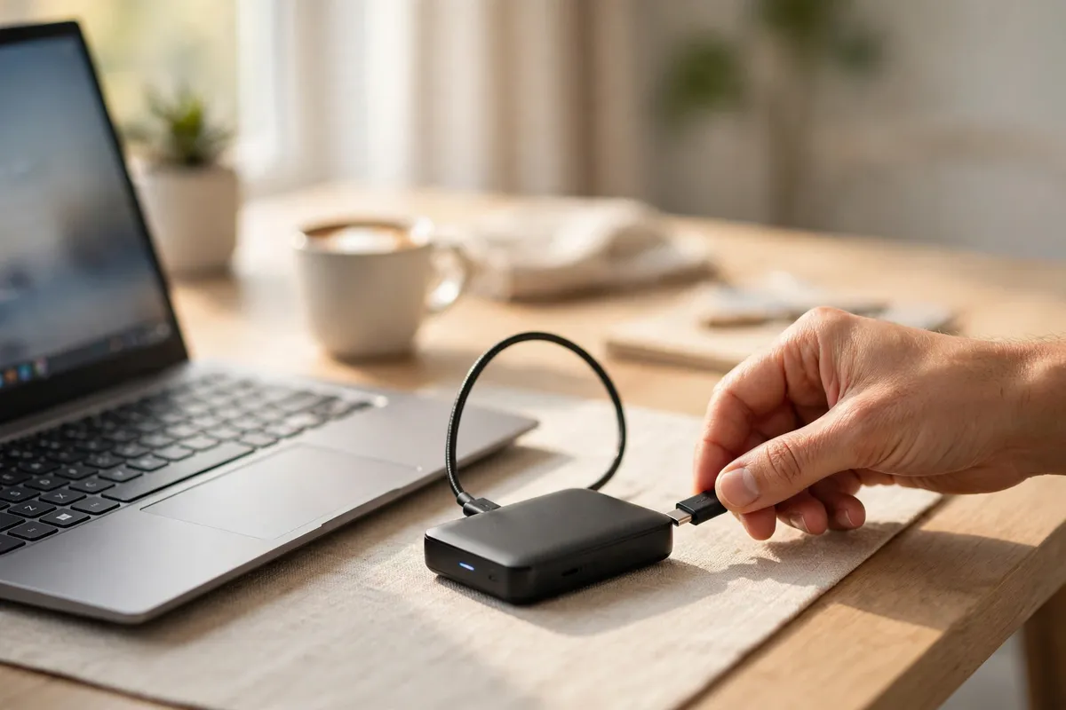 A hand connecting a portable external hard drive to a laptop on a bright wooden desk, ready for an automatic backup.