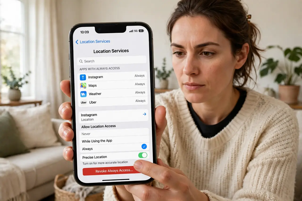 a person revoking background location on a real phone settings screen showing a legible list of apps with Always access, the person's face determined, living room.