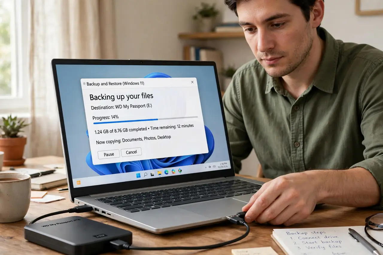 a person connecting a real external hard drive to a real laptop with a backup progress window showing legible text, the person's face calm and responsible, h...
