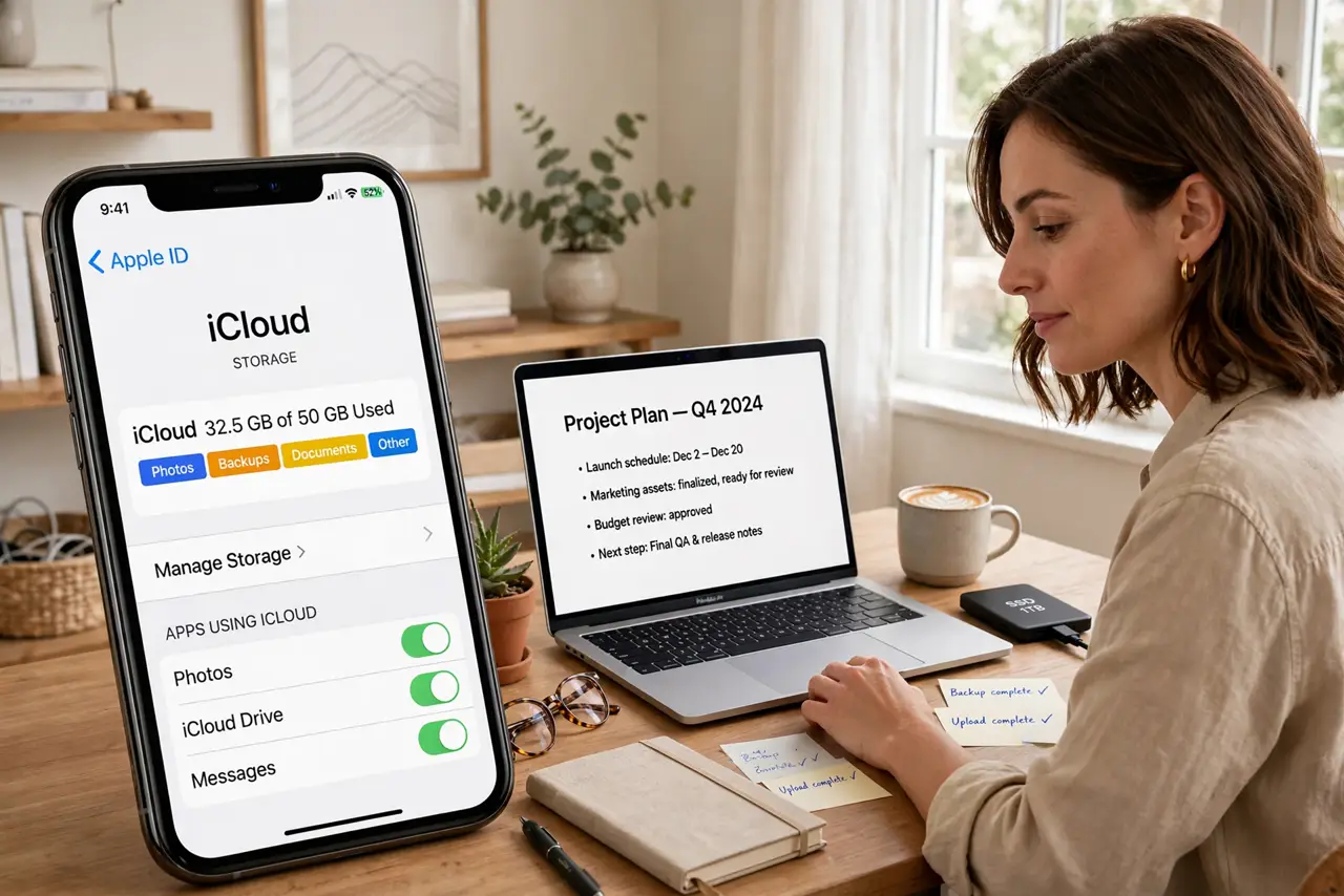 a person at a real desk with a real laptop, a real external hard drive, and a phone showing cloud storage, all arranged neatly, the person's face confident, home office.