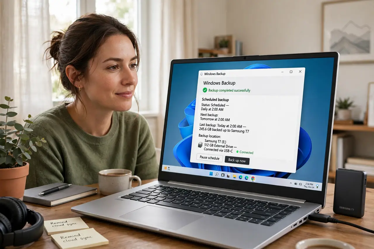 a person at a real desk glancing at a real laptop showing backup software with a legible scheduled backup confirmation, a real external drive connected, the person's face relaxed, home office.