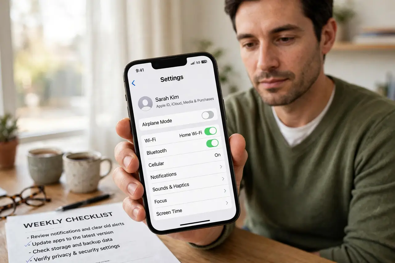 a calm adult at a desk with a real phone in hand and a printed sheet nearby, the phone screen showing a settings page, no real codes visible. No black screen, n
