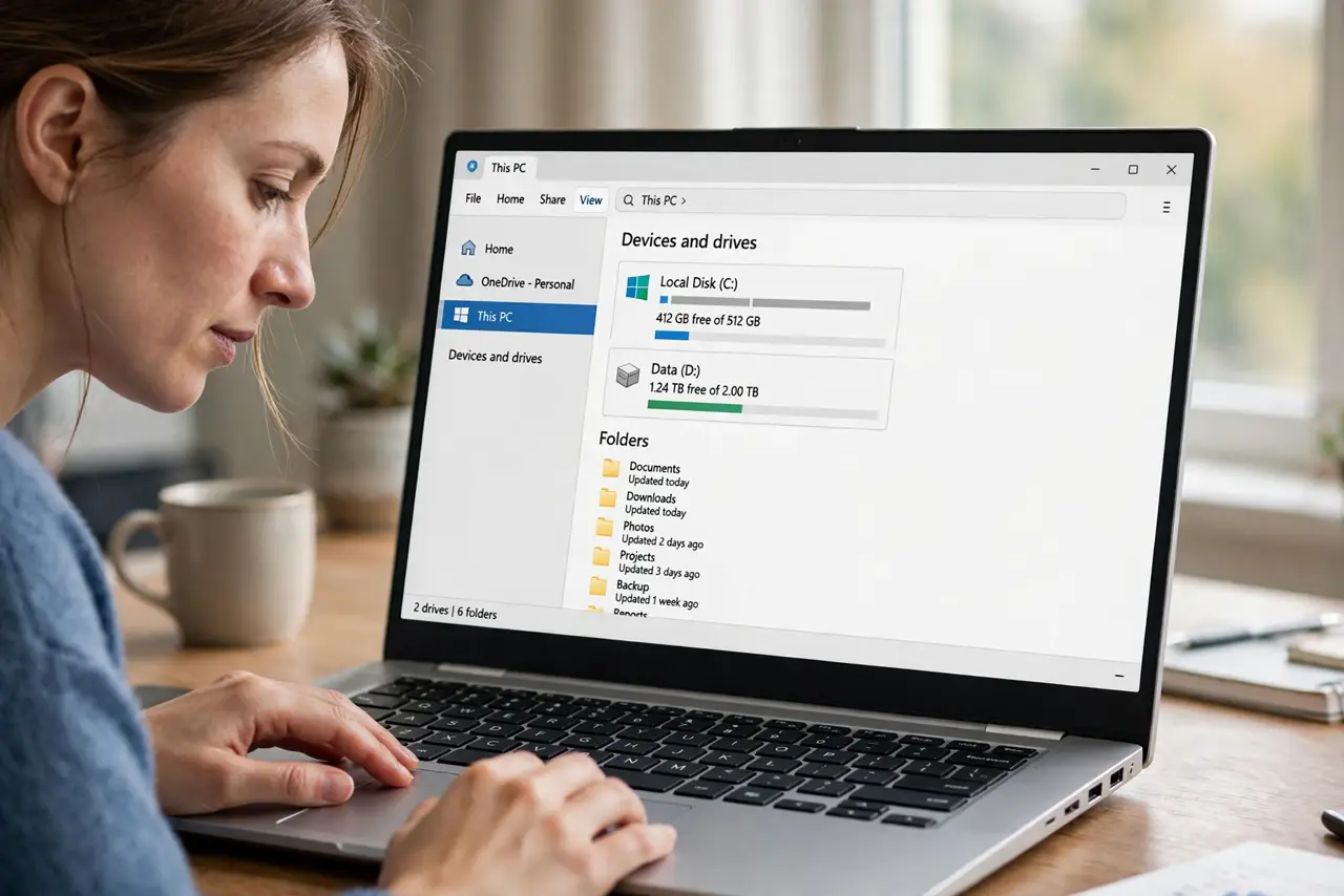 A focused woman checks which folders fill the backup drive in File Explorer.
