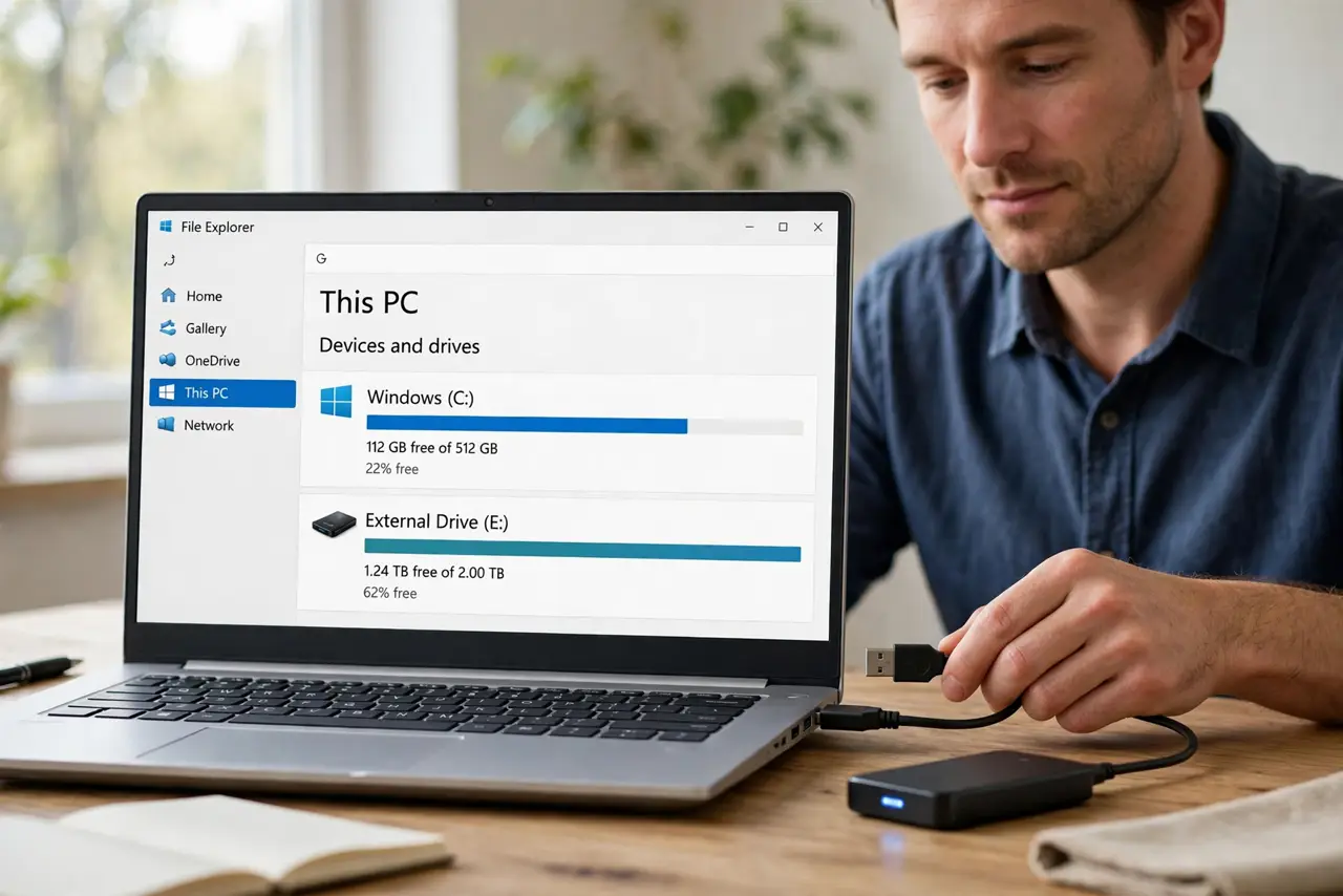 A calm man connects an external drive to a Windows laptop showing the storage view.