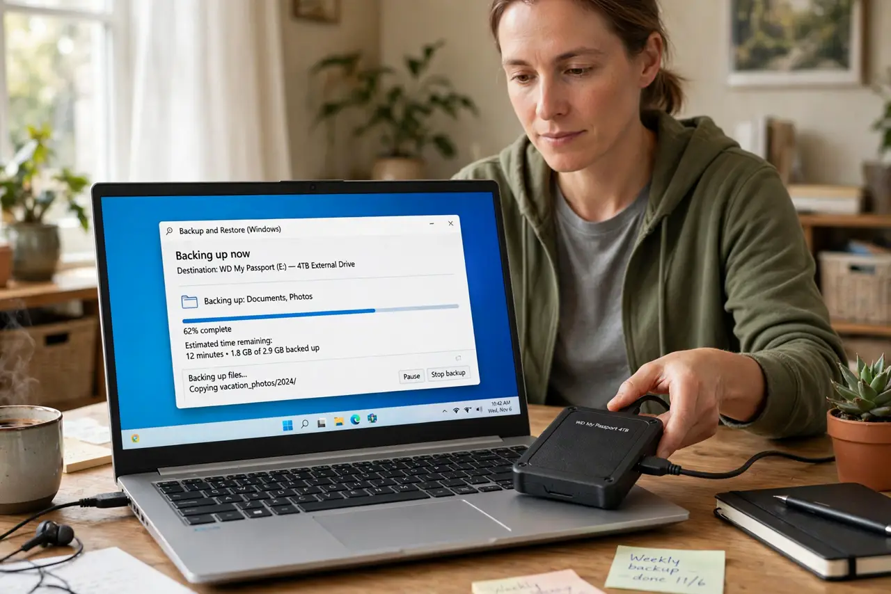 a person at a real desk plugging a real external hard drive into a real laptop, backup software on screen showing a legible progress bar, the person's face calm, home office.