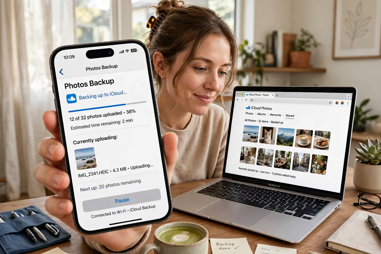 a person holding a real smartphone showing a photo backup app with upload progress legible, a real laptop beside them showing the same photos in a cloud gallery, the person's face relieved, home office.