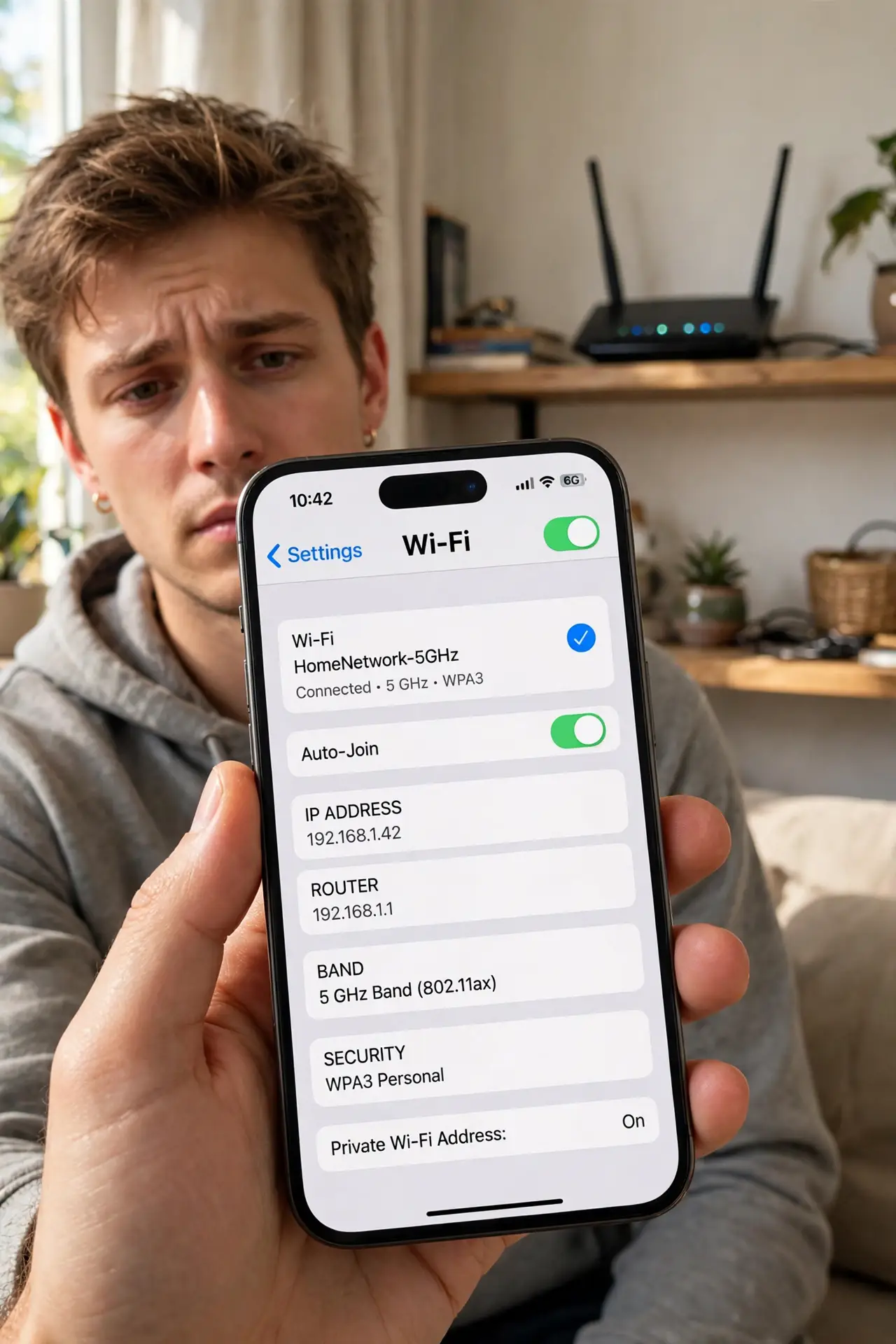 a person holding a real phone showing Wi-Fi settings with the connected band visible and legible, a real router on a shelf behind, the person's face puzzled,...
