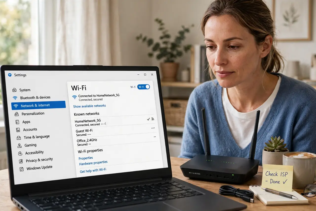 A person at a desk with a real laptop showing a legible Wi-Fi settings screen, a modern router nearby, the person's face understanding, home office..