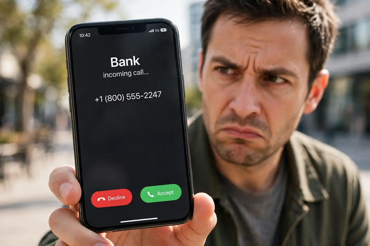 'Your Bank' Calls — a suspicious adult holding a real phone showing an incoming call labeled as a bank, the caller ID fully legibl
