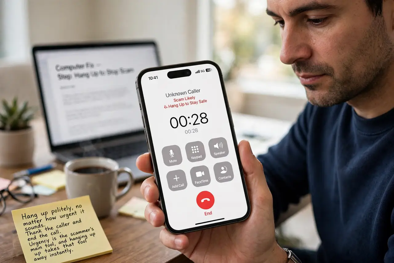 A person performing step 1 of the guide: Hang up politely, no matter how urgent it sounds. Thank the caller and end the call. Urgency is the scammer's main tool, and hanging up...