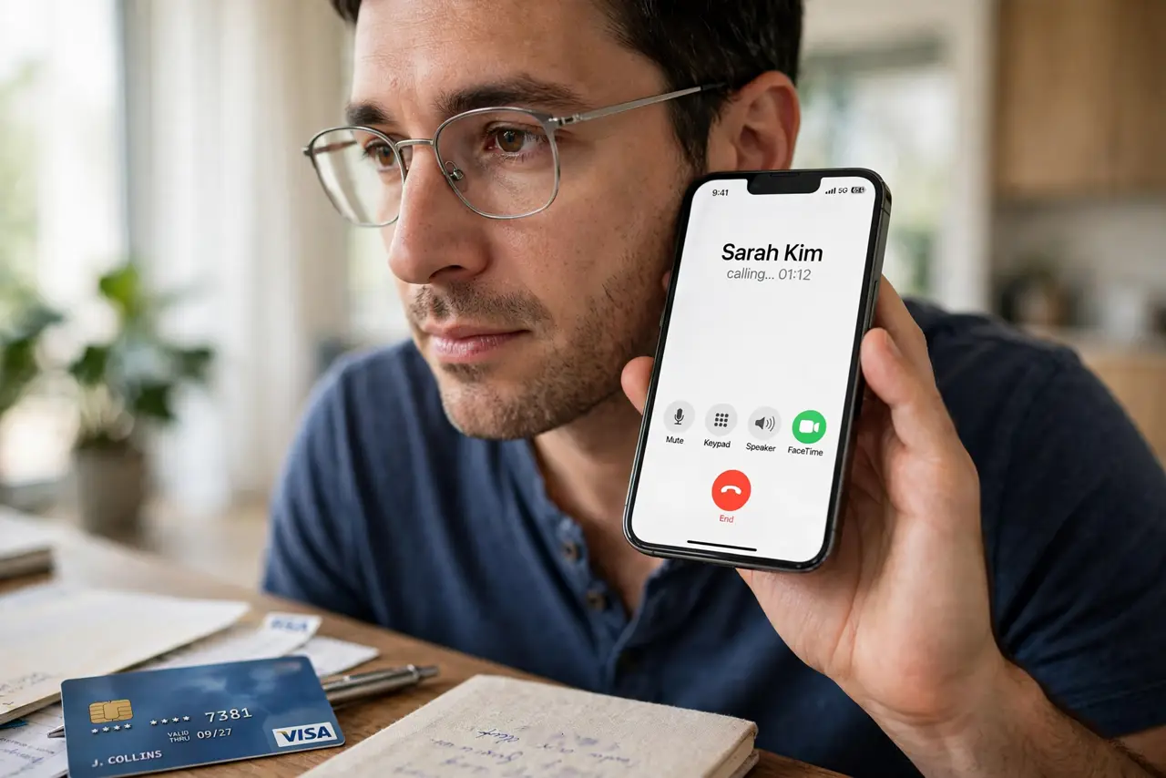 a calm adult holding a real iPhone at their ear with a concerned but calm expression, a bank card visible on the desk beside them, the room normally lit