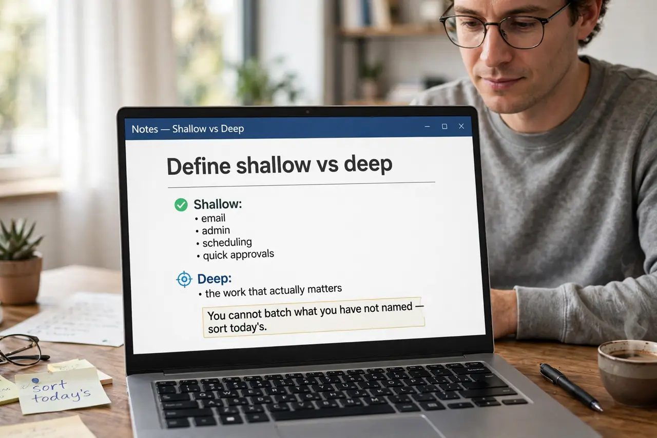 A person performing step 1: Define shallow vs deep. Shallow: email, admin, scheduling, quick approvals. Deep: the work that actually matte.