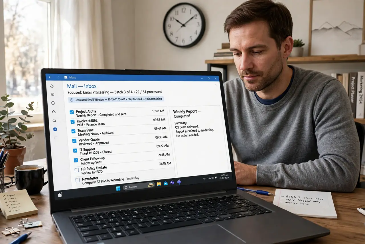 A person processing email in focused batches on a real laptop, an inbox list visible with many items checked off, a clock showing a dedicated email window, the.