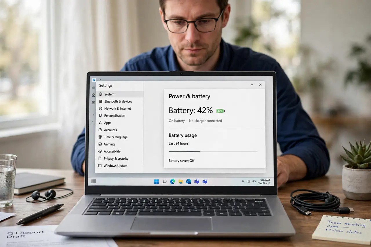 An adult calmly using a Windows laptop on battery power as part of a full charge cycle.