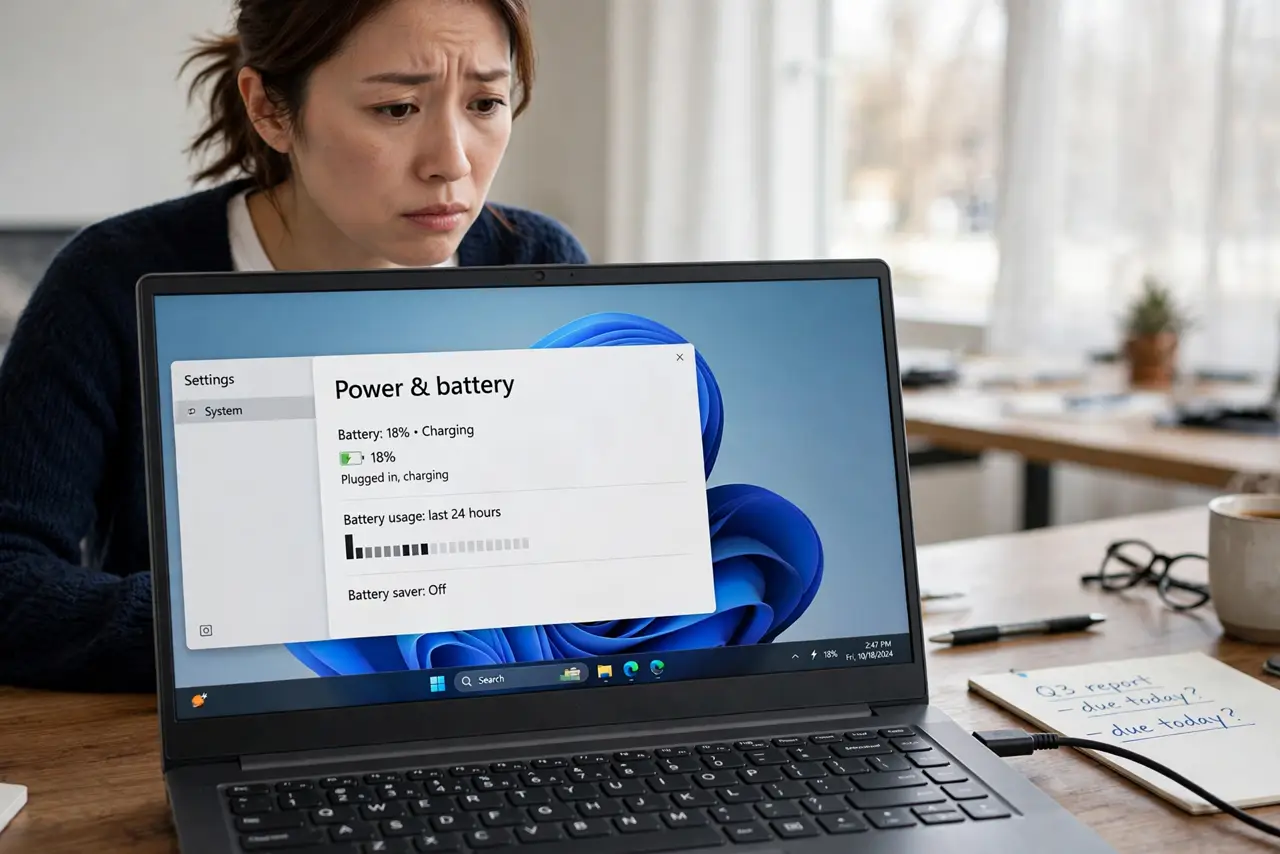 A worried adult at a desk with a Windows laptop plugged into its charger, glancing at the battery icon on the screen.