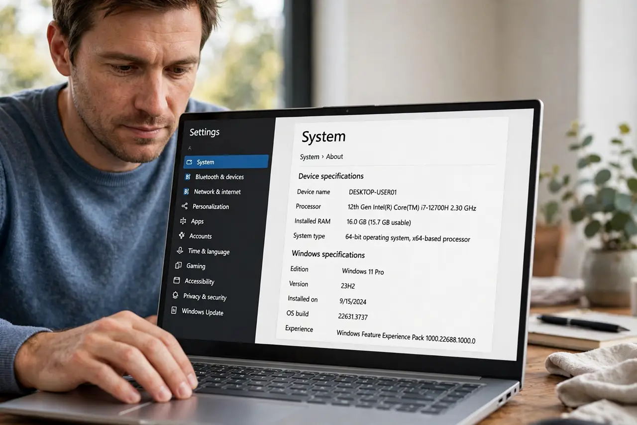A focused man opens Windows Settings to reach the Power and battery page.