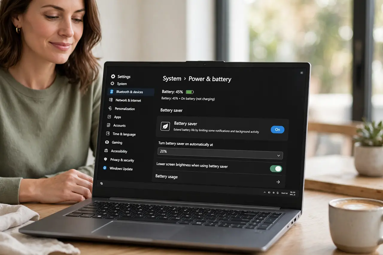 A relaxed woman views the Power and battery settings page on a Windows laptop.