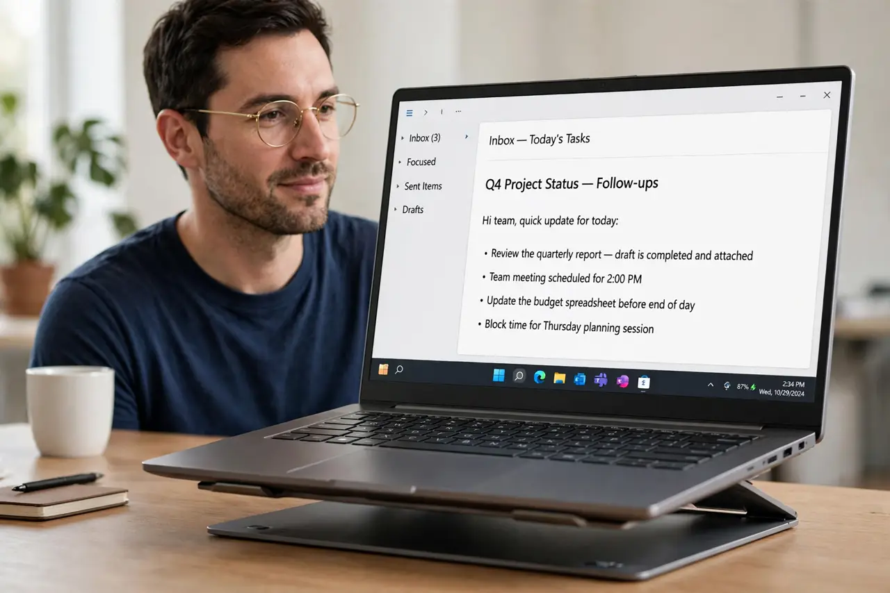 a calm adult at a desk looking at a real laptop with a slightly raised bottom case on a clear desk, no damage shown graphically, the person keeping distance with a calm expression