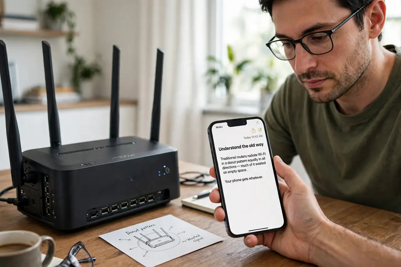 A person performing the guide's first step: Understand the old way. Traditional routers radiate Wi-Fi in a donut pattern equally in all directions — much of it wasted on empty space.…