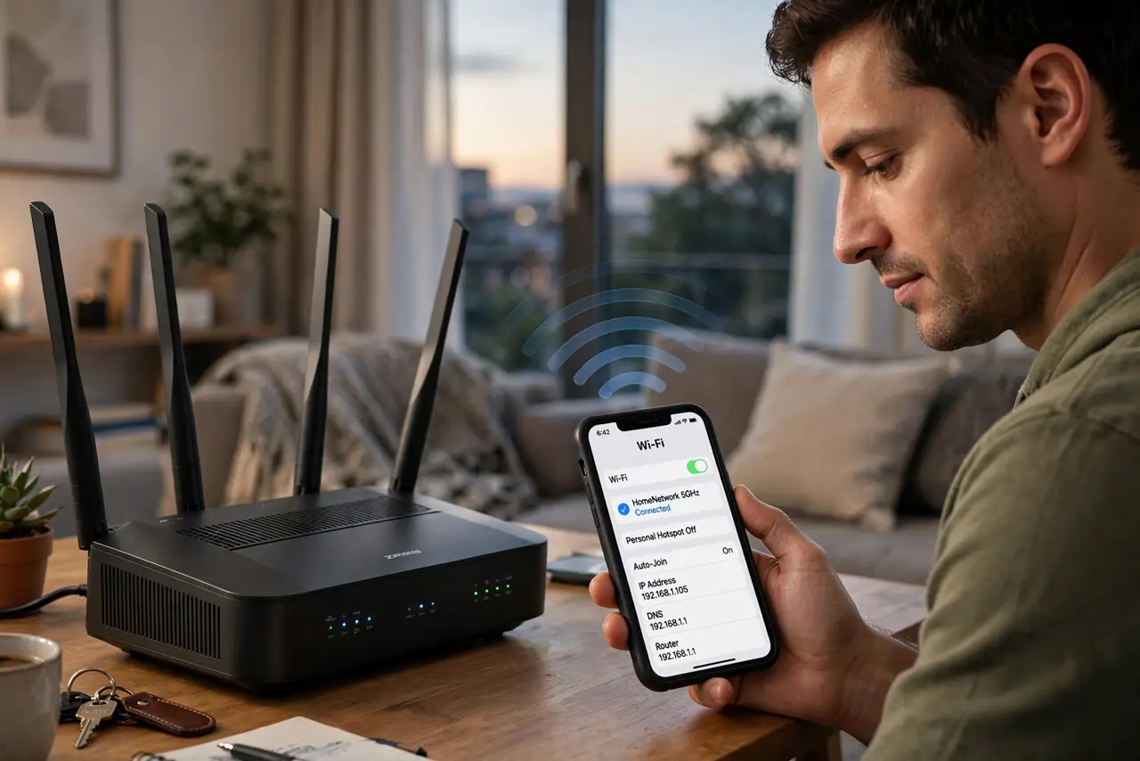 A person in a living room with a real router with visible antennas and a real phone showing a legible connection screen, signal waves illustrated subtly, the person's face understanding, evening..