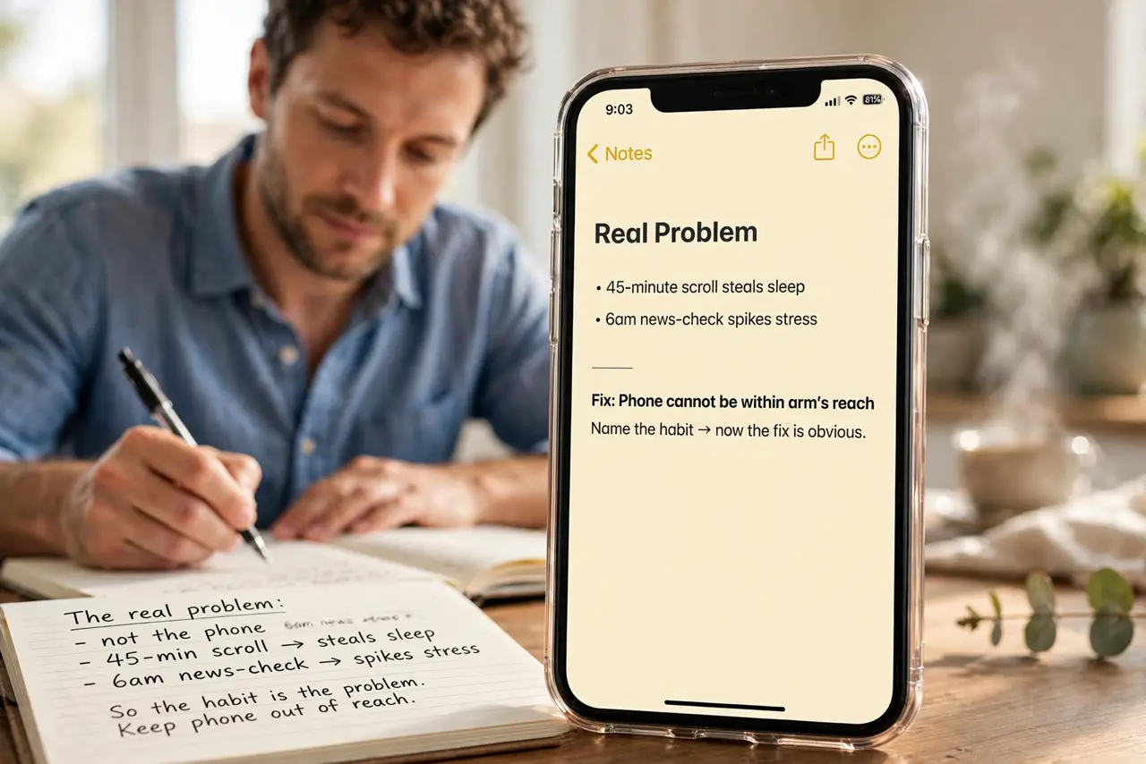A person performing the first step of the guide: Name the real problem. It is not the phone — it is the 45-minute scroll that steals sleep and the 6 AM.