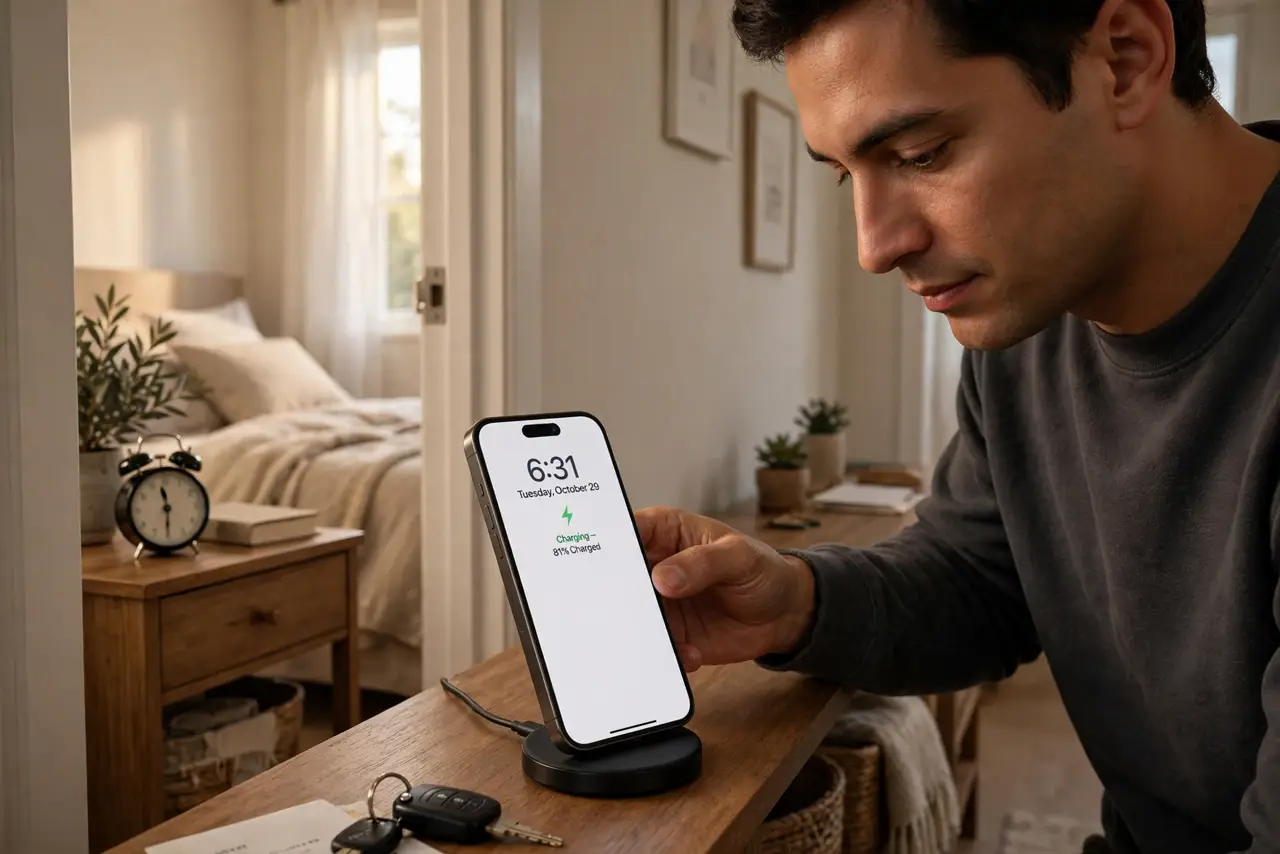 A person placing a real smartphone on a charger in the hallway outside a bedroom, a simple alarm clock visible on the nightstand inside, the person's.