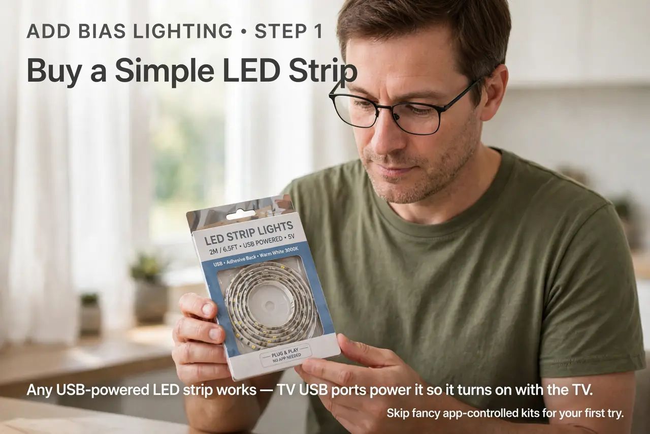 A person performing the first step of the guide: Buy a simple LED strip.
