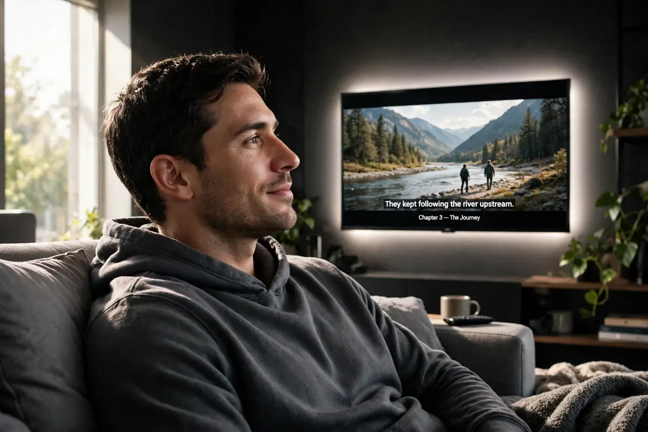 a person relaxing on a couch watching a real TV with a soft white glow visible behind it on the wall, the screen showing a legible movie scene, the person's face relaxed, dark room.