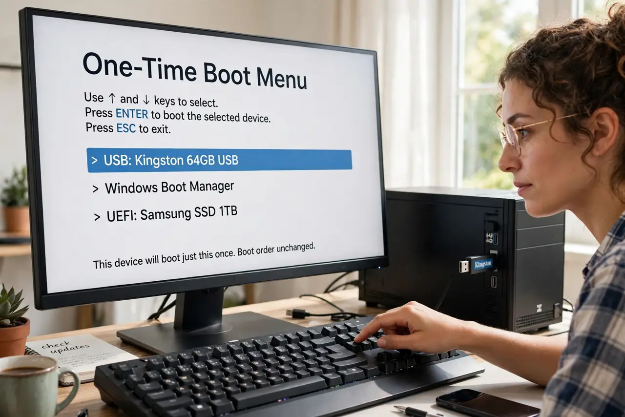 A person performing the first step: Use the one-time boot menu first. Tap F12, F8, or Esc during startup — the key.
