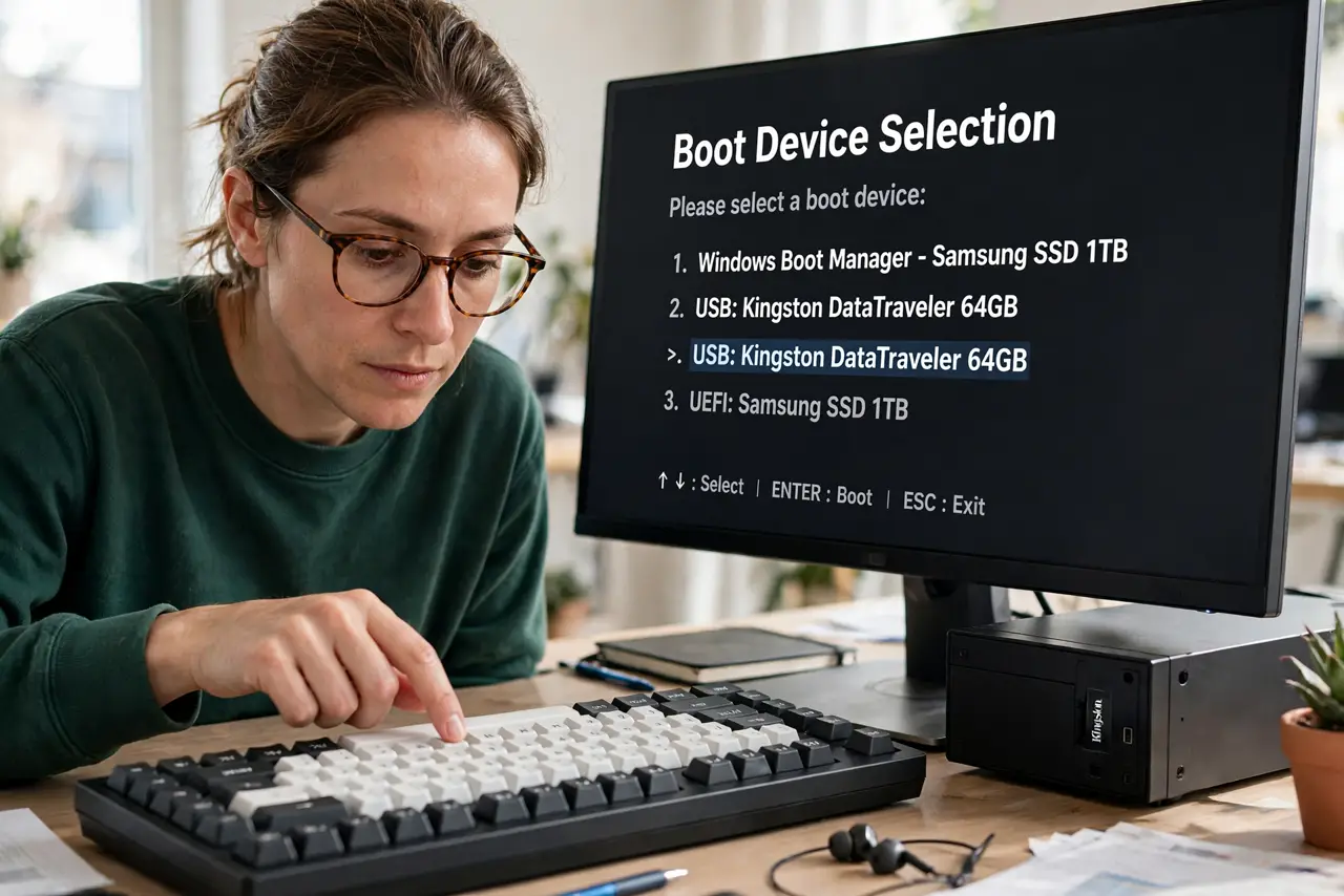 A person pressing a key on a real keyboard in front of a desktop monitor showing a boot device selection menu with
