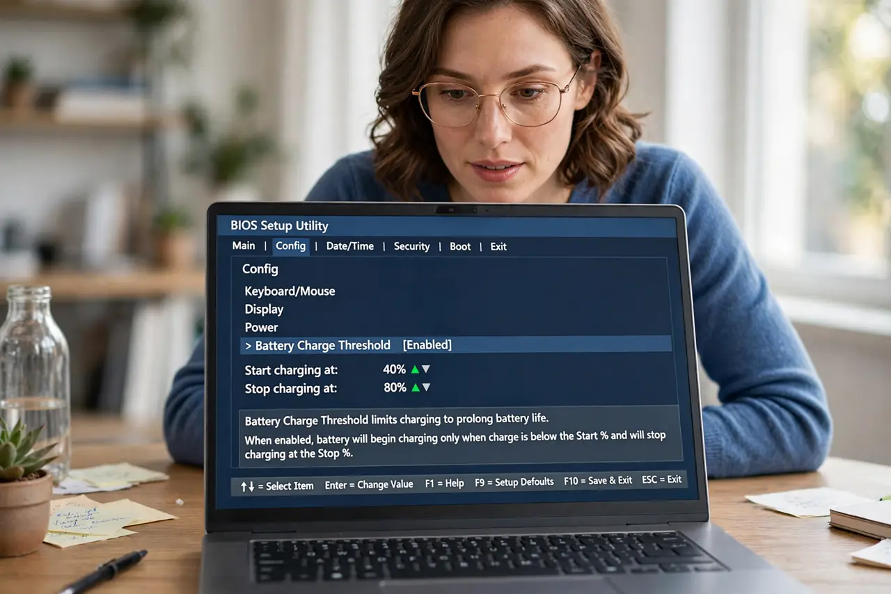 A person looking at a real laptop showing a BIOS battery charge threshold setting with legible options, the person's