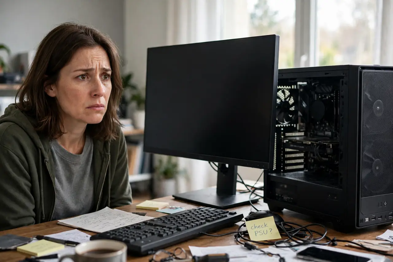 A worried adult looking at a real desktop PC that won't boot, the monitor dark, the person's face tense, at a desk. No