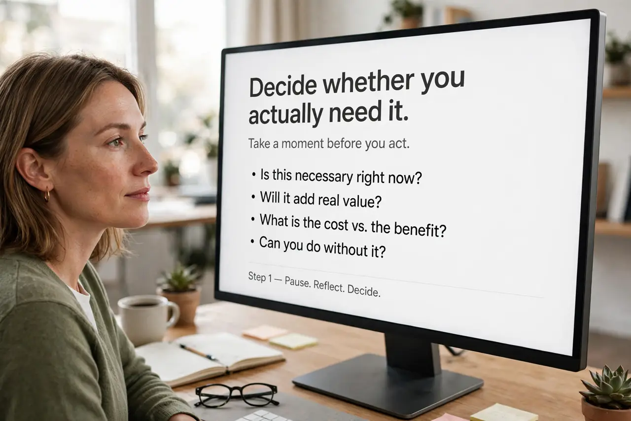 A person calmly performing the guide's first step: Decide whether you actually need it.