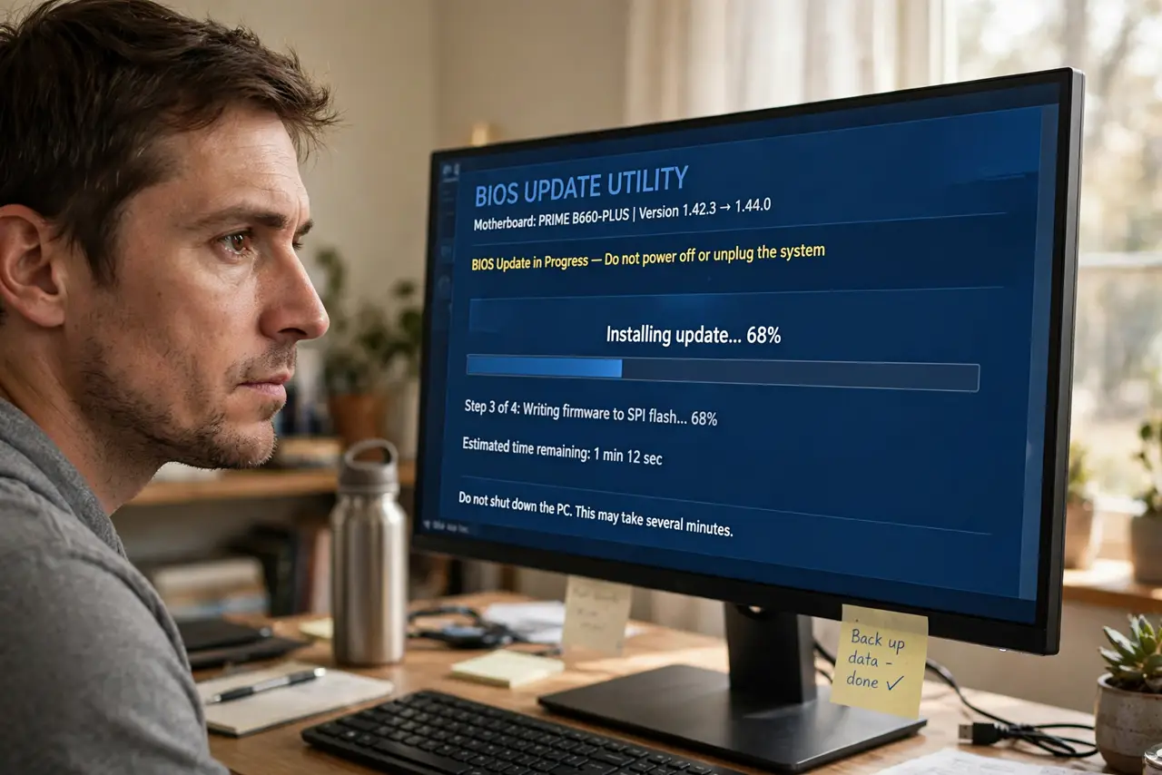 a person watching a real monitor showing a BIOS update progress screen with legible percentage, the person's face tense but calm, home office. No black screen, no blank white scree.
