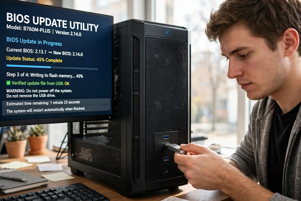 A person inserting a real USB flash drive into a desktop PC's front port, the monitor behind showing a BIOS update