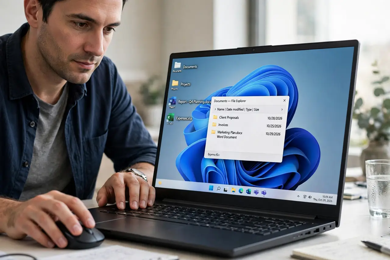 A focused man moves the mouse and presses a key to wake the laptop display.